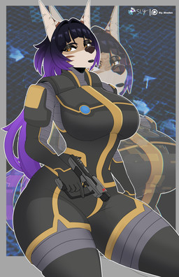 big_breasts black_hair breasts female hair lipstick looking_at_viewer makeup orange_eyes ponytail ranged_weapon science_fiction solo spacesuit thick_thighs trigger_discipline weapon sly_shadex gundam canid canine canis jackal mammal hi_res trans_(lore) trans_woman_(lore)