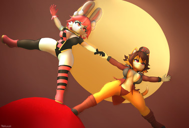 acrobatics anthro boots brown_hair clothed clothing duo eyeshadow female footwear gloves hair handwear hat headgear headwear legwear makeup pink_eyes red_eyes red_hair shoes simple_background top_hat photolol.03 in_heat_(game) poppi_(in_heat) sammy_(in_heat) felid feline lagomorph leporid mammal pantherine rabbit tiger 3d_(artwork) digital_media_(artwork) source_filmmaker_(artwork)