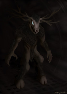 ambiguous_gender anthro antlers bone claws crotch_tuft detailed_background empty_eyes finger_claws hooves horn inside muscular muscular_anthro skinny_anthro skull skull_head solo standing tuft tunnel underground sangwinaris project_silverfish cervine deer mammal monster not-deer 2025 hi_res signature