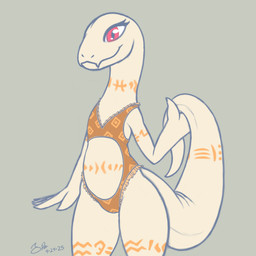 5_fingers albino anthro arm_tattoo belly_cutout belly_tattoo big_eyes big_tail camel_toe clothed clothed_anthro clothed_female clothing cute_fangs cutout eyelashes fangs female female_anthro fingers flat_chested frilly frilly_clothing frilly_swimwear front_view grey_background holding_own_tail holding_tail humanoid_hands leg_tattoo long_neck long_tail neck_tattoo one-piece_swimsuit orange_clothing orange_one-piece_swimsuit orange_swimwear orange_tattoo pupils red_eyes simple_background slit_pupils smile snout solo standing swimwear tail tail_dimple tail_tattoo tapering_tail tattoo teeth thick_tail thick_thighs thigh_tattoo tribal tribal_tattoo white_body wide_hips spe overlord_(series) crusch_lulu lizard lizardman lizardman_(overlord) reptile scalie 1:1 2025 dated digital_drawing_(artwork) digital_media_(artwork) flat_colors hi_res portrait procreate_(artwork) signature three-quarter_portrait