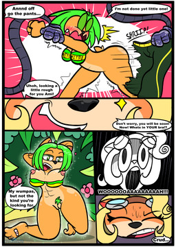 4_toes abs annoyed anthro band-aid bandage black_nose blonde_hair blush blush_lines border bottomwear bra breasts butt clothed clothing dialogue eyelashes eyewear fangs feet female fur goggles green_eyes green_hair group hair mechanical_arms mechanical_hands muscular muscular_anthro muscular_female nipples offscreen_character orange_body orange_fur pants pants_removed partially_clothed partially_clothed_anthro partially_clothed_female pose pubes removed_pants restrained restrained_arms speech_bubble teeth text toes trio underwear undressing undressing_another white_border yelling kaokaoarts oddkao activision crash_bandicoot_(series) ami_bandicoot coco_bandicoot nina_cortex bandicoot mammal marsupial comic english_text hi_res