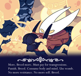 2_horns anthro belly big_belly corruption duo egg egg_insertion female horn infection text rolld6toporn hollow_knight_(franchise) team_cherry hornet_(hollow_knight) the_infection_(hollow_knight) arthropod infected_(species) insect english_text hi_res