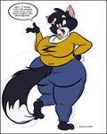 anthro backwards bell bell_collar big_breasts big_butt black_body black_border black_fur blue_eyes border bottomwear breasts butt clothing collar female fur huge_breasts multicolored_body multicolored_fur open_mouth pants shirt solo speech_bubble text thick_thighs topwear two_tone_body two_tone_fur white_body white_fur dutch_(artist) misty_the_mouse whitney_(dutch) domestic_cat felid feline felis mammal 2019 english_text hi_res