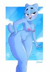 anthro blue_body blue_fur blush breasts cartoon_network cartoonsaur domestic_cat felid feline felis female front_view fur genitals hi_res mammal mature_anthro mature_female nicole_watterson nipples nude pose pussy solo the_amazing_world_of_gumball thick_thighs wide_hips