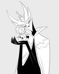 anthro clothing crown duo eyes_closed grey_background headgear holding_another hug looking_at_another male robe simple_background sitting helluva_venti helluva_boss paimon_(helluva_boss) stolas_(helluva_boss) avian bird owl owl_demon hi_res monochrome father_(lore) parent_(lore) son_(lore)