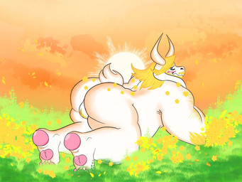 4_toes accessory all_fours anthro arm_hair backsack balls beard big_butt blonde_hair blue_eyes blush blush_lines body_hair butt clothing eyebrows facial_hair feet flower flower_in_hair fur genitals grass hair hair_accessory hairy_balls horn light light_beam male mustache nude orange_sky overweight overweight_anthro overweight_male pawpads plant sky solo sun sunbeam sunlight sunset tail thick_thighs toes underwear white_body white_fur briocheishome undertale_(series) asgore_dreemurr boss_monster_(undertale) bovid bovine caprine goat mammal monster 4:3 hi_res