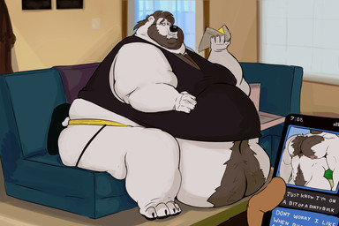 abs anthro body_hair cellphone clothing eating electronics flustered food furniture hair hand_on_belly happy_trail holding_cellphone holding_food holding_object holding_phone jockstrap looking_at_viewer male moobs muscular muscular_male navel nub_tail obese obese_male overweight overweight_male pecs phone pizza shirt sitting sofa solo tank_top text texting topwear underwear weight_gain tcw tcw_(character) bear mammal polar_bear ursine english_text hi_res