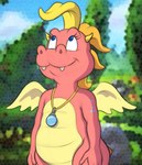 blurred_background female horn jewelry looking_up markings necklace on_model on_style pendant smile solo spots spotted_markings three-quarter_view wings young trias dragon_tales mythology pbs cassie_(dragon_tales) dragon mythological_creature mythological_scalie scalie