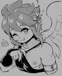 armwear blush clothing feathered_wings feathers female hair male nipples not_furry one_eye_closed smile wings wink soft_sizzle kid_icarus nintendo palutena pit_(kid_icarus) angel humanoid winged_humanoid monochrome