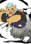 anthro asian_clothing brown_body brown_fur clothed clothing east_asian_clothing folding_fan fur holding_ink_brush humanoid_hands ink_brush japanese_clothing kimono male mohawk one_eye_closed overweight overweight_anthro overweight_male simple_background solo wink okoge_16 lifewonders tokyo_afterschool_summoners ganglie_(tas) mammal suid suine sus_(pig) wild_boar 2019 hi_res