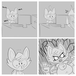 4_panel_comic angry anthro base_two_layout choker clothing computer computer_mouse electronics female fingerless_gloves fire four_frame_grid four_frame_image gloves grid_layout handwear jacket jewelry keyboard monitor necklace screaming shirt shoulder_guards smile solo text topwear two_row_layout working zhenai zhen_(zhenai) mammal procyonid raccoon 1:1 2020 comic english_text hi_res monochrome