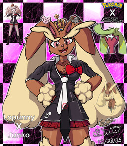 accessory anthro big_ears black_clothing black_shirt black_topwear bottomwear bow_ribbon breasts brown_body brown_fur cardigan cleavage clothed clothing crown eyebrows female fur hair_accessory hairpin hands_on_hips headgear miniskirt necktie pink_eyes shirt skirt smile smiling_at_viewer solo text thick_eyebrows topwear go-two danganronpa danganronpa:_trigger_happy_havoc nintendo pokemon spike_chunsoft junko_enoshima generation_4_pokemon generation_7_pokemon lagomorph leporid lopunny mammal pokemon_(species) rabbit tsareena absurd_res english_text hi_res reference_image