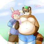 anthro beverage bottomwear brown_body brown_fur cargo_shorts clothing date drinking duo fur hair leaf long_sleeve_shirt male male/male milkshake moobs navel obese obese_anthro obese_male overweight overweight_anthro overweight_male pink_hair shorts ziul_husky soft_fantasies ian_(soft_fantasies) joshie_(calahootheyeen) canid canine lagomorph leporid mammal rabbit raccoon_dog tanuki 1:1 hi_res