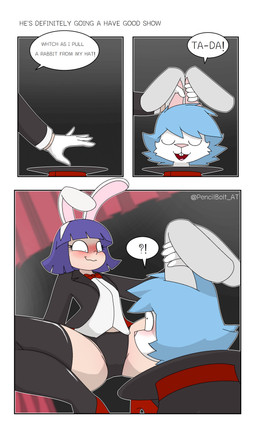 anthro blush blush_lines bow_ribbon bunny_costume clothing costume duo female hat headgear headwear magical_girl_outfit magician male male/female pencil_bolt human lagomorph leporid mammal rabbit absurd_res comic hi_res