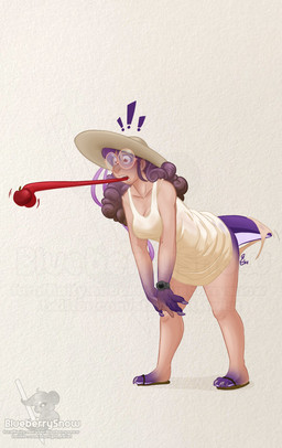 apple blush breasts clock clothing dress exclamation_point eyewear female food footwear fruit glasses growth hat headgear headwear leaning leaning_forward long_tongue open_mouth plant purple_body round_glasses sandals shoes simple_background solo species_transformation sundress surprised tail tail_growth tail_growth_in_pants tongue torn_clothing torn_underwear transformation underwear watch wristwatch blueberrysnow mario_bros nintendo taffy_ewe human mammal yoshi digital_media_(artwork) hi_res