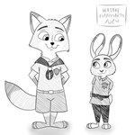 anthro boyscout clothing duo female male male/female medal police police_uniform uniform young hatakeclarissarts disney inktober zootopia judy_hopps nick_wilde canid canine european_rabbit fox lagomorph leporid mammal oryctolagus rabbit 1:1 2024 hi_res monochrome