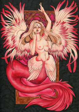 breasts feathered_wings feathers female fur hair mermaid_tail nipples nude pink_body solo split_form wings mordorinka aquatic humanoid mammal merfolk hi_res traditional_media_(artwork)