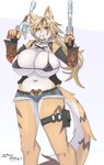 anthro big_breasts blonde_hair blush bra breasts clothed clothing clothing_lift female green_eyes gun hair handgun holding_gun holding_handgun holding_object holding_ranged_weapon holding_revolver holding_weapon huge_breasts inner_ear_fluff ranged_weapon revolver shirt shirt_lift skimpy solo tail thick_thighs topwear tuft under_boob underwear weapon wide_hips saasmimz mihoyo zenless_zone_zero pulchra_(zenless_zone_zero) domestic_cat felid feline felis mammal absurd_res hi_res