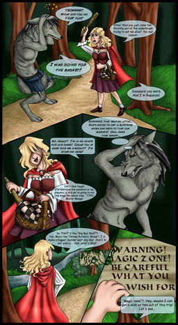 angry anthro bared_fangs bared_teeth basket black_border border bottomwear clothed clothing club_(weapon) container dominant dominant_female duo female forest magic male melee_weapon pain plant shorts shorts_only signpost submissive submissive_male tail tail_between_legs teeth text topless tree weapon arania fairy_tales little_red_riding_hood_(copyright) little_red_riding_hood canid canine canis human mammal wolf comic english_text hi_res