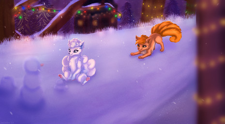 ambiguous_gender blue_eyes building cabin christmas_decorations christmas_lights depth_of_field duo feral fluffy fluffy_tail fur hair head_tuft house lights orange_body orange_eyes orange_fur pawpads paws plant pounce sitting smile snow snowman tail tree tuft white_body white_fur joeumbre nintendo pokemon canid canine fox generation_1_pokemon mammal pokemon_(species) vulpix hi_res shaded