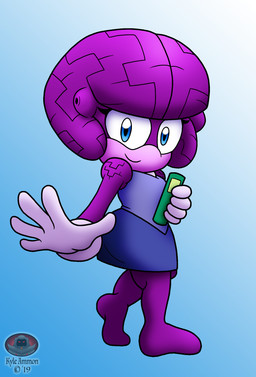 anthro barefoot big_brain big_head blue_background blue_eyes book bottomwear clothed clothing copyright_symbol countershade_face countershading curvy_figure eyelashes featureless_feet feet female gloves gradient_background handwear holding_book holding_object librarian logo looking_at_viewer purple_body shirt shortstack shortstack_female simple_background skirt smile solo symbol text topwear white_background shadowwalk sega sonic_the_hedgehog_(series) fan_character volume_the_brain_coral anthozoan aquatic brain_coral cnidarian coral 2019 artist_name dated hi_res