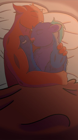 anthro bed bedding blanket blue_body blue_fur duo eyes_closed female fur furniture hug male male/female pillow purple_body purple_fur red_body red_fur ring axehead45 unknown_species 2024 digital_media_(artwork)