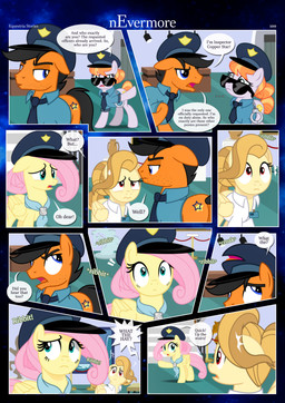 caught clothing cutie_mark dialogue ears_up eye_contact eyebrows female feral folded_wings frown group hair hair_bun inside looking_at_another male museum open_mouth raised_eyebrow security security_guard security_uniform shirt text topwear white_clothing white_shirt white_topwear wide_eyed wings estories friendship_is_magic hasbro my_little_pony mythology alice_goldenfeather_(estories) fluttershy_(mlp) equid equine mammal mythological_creature mythological_equine pegasus absurd_res comic english_text hi_res