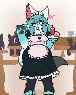 4_fingers anthro black_sclera blue_hair breasts clothed clothed_anthro clothing curvy_figure dipstick_tail eyewear female fingers fluffy fluffy_tail glasses hair maid_apron maid_headdress maid_uniform markings motion_lines one_eye_closed open_mouth paws public serving_tray smile solo tail tail_markings uniform wearing_glasses wide_hips wink lynxafterd4rk cirrus_(cirrusol) arctic_fox canid canine fox mammal true_fox hi_res