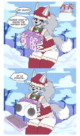 4_fingers anthro areola armwear bell bell_collar big_breasts black_eyeshadow black_nose blue_eyes box breasts bridal_gauntlets christmas_clothing christmas_headwear clothing cloud collar container dialogue dress eyelashes eyeshadow female fingers fur furgonomic_headwear furgonomics gift gift_box grey_areola grey_body grey_fur grey_hair grey_nipples hair half-closed_eyes hat headgear headwear holidays huge_breasts inverted_nipples legs_together legwear long_hair looking_at_viewer makeup minidress motion_lines multicolored_body multicolored_fur narrowed_eyes nipples open_mouth open_smile outside panties plant red_clothing red_dress red_panties red_underwear santa_hat sharp_teeth sky smile snow snowing solo speech_bubble standing stockings teeth text thick_thighs thigh_highs thought_bubble tree twitter_handle two_tone_body two_tone_fur underwear white_body white_fur wide_eyed moko_(artist) christmas moonie_(moko) canid canine canis mammal wolf 2025 artist_name english_text hi_res spanish_text