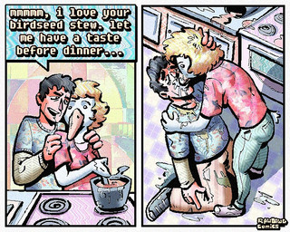 2_panel_comic anthro black_hair blonde_hair bodily_fluids bottomwear clothing denim denim_bottomwear denim_clothing dialogue dot_eyes duo eye_roll feathers female footwear hair half-closed_eyes humor jeans male narrowed_eyes pants shirt shoes simple_eyes sneakers speech_bubble t-shirt text topwear vomit white_body white_feathers rawdawgcomics anatid anseriform anserine avian bird human mammal swan 5:4 comic english_text