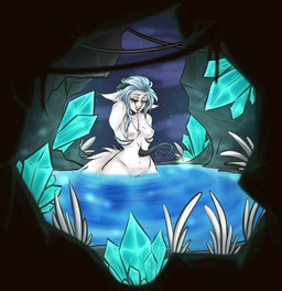 anthro bathing belly_mouth black_body black_eyes black_fur black_horn black_lips black_lipstick black_mouth black_tongue blue_eyes blue_hair breasts cave crystal eyes_closed facial_piercing female fur genitals hair horn jewelry lips lipstick makeup mouth_closed necklace night nose_piercing nude open_mouth piercing sharp_teeth solo tail teeth tongue vacken white_body hallownyx august_few fennah satellite_city luna_(fennah) humanoid kivouackian hi_res