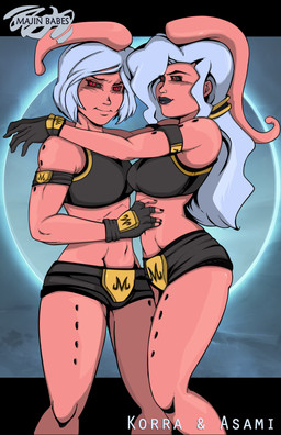 5_fingers after_transformation armband bikini black_bikini black_bikini_bottom black_bikini_top black_clothing black_fingernails black_gloves black_handwear black_lips black_nails black_sclera black_swimwear black_text blue_background canon_couple clothing colored_nails covered_breasts duo female female/female fingerless_gloves fingernails fingers gloves grey_hair grey_text hair handwear head_tentacle holes_in_body lips long_hair looking_at_another looking_at_partner looking_at_viewer midriff mouth_closed nails navel not_furry not_furry_focus pink_body pink_skin planet pupils red_eyes short_hair simple_background slit_pupils species_transformation swimwear text transformation two-piece_swimsuit chronorin avatar:_the_last_airbender dragon_ball dragon_ball_z nickelodeon the_legend_of_korra toei_animation asami_sato korra alien alien_humanoid humanoid majin 2018 absurd_res crossover digital_drawing_(artwork) digital_media_(artwork) english_description hi_res letterbox story story_at_source story_in_description