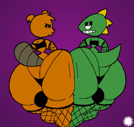 alternative_fashion anthro armwear ass_to_ass bedroom_eyes big_butt brown_body brown_fur bubble_butt bulge bulge_from_behind butt butt_squish choker clothing crop_top curvy_figure duo ear_piercing ear_ring eyelashes eyeshadow femboy fishnet_armwear fishnet_clothing fishnet_legwear fishnet_thigh_highs fur goth green_body head_tuft huge_butt jewelry legwear logo looking_at_viewer looking_back looking_back_at_viewer makeup male narrowed_eyes necklace piercing rear_view ring_piercing seductive shirt small_waist squish text thick_thighs thigh_highs thong topwear tuft underwear wasp_waist wide_hips thatdawgmurray beaver_and_steve beaver_(beaver_and_steve) steve_(beaver_and_steve) beaver lizard mammal reptile rodent scalie aliasing artist_logo artist_name digital_media_(artwork) hi_res signature