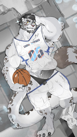 4_toes anthro armpit_hair ball basketball basketball_(ball) basketball_uniform beard biceps big_penis black_clothing black_hair black_penis black_underwear blush body_hair bottomwear briefs claws clothing erection eye_scar facial_hair facial_scar feet fur genitals grey_body grey_fur gym_bag hair holding_basketball locker_room male markings multicolored_body multicolored_fur muscular penis pubes scar shirt shorts solo sportswear spots spotted_body spotted_fur tail tank_top text text_on_clothing text_on_topwear toe_claws toes topwear underwear undressing_self uniform vein white_body white_bottomwear white_clothing white_fur white_jersey white_shorts yellow_eyes big_treeeee alvintanubis yuntian felid mammal pantherine snow_leopard 2025 9:16
