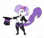 anthro biped boots bow_(feature) clothed clothing female fishnet_clothing fishnet_legwear footwear fur hat headgear headwear high_heeled_boots high_heels legwear purple_body purple_fur shoes simple_background solo top_hat white_background carniscorner dc_comics justice_league tiny_toon_adventures warner_brothers fifi_la_fume zatanna mammal mephitid skunk 2016 crossover