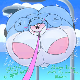 air_inflation animal_noises anthro areola bdsm beak belly belly_expansion big_areola big_belly big_breasts big_butt black_beak black_body black_scales blue_body blue_feathers bodily_fluids body_inflation breast_expansion breasts butt butt_expansion chirping close_to_bursting cloud collar creaking expansion feathers female floating flustered fullbody_inflation glistening glistening_body heart_eyes heart_symbol huge_areola huge_belly huge_breasts huge_butt hyper hyper_belly hyper_breasts hyper_butt hyper_inflation inflation leash leashed_collar navel offscreen_character onomatopoeia outie_navel petplay pink_eyes praise public public_nudity roleplay rumbling scales solo sound_effects spherical_inflation street_lamp sunken_limbs sweat text translucent translucent_body white_body white_feathers cookie-pone claire_(cookie-pone) avian bird 1:1 2025 absurd_res english_text hi_res trans_(lore) trans_woman_(lore)