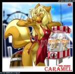 accessory amusement_park anthro apple apron apron_only blonde_hair bottomless breasts brown_body brown_fur candy candy_apple caramel_(food) cleavage clothed clothing dessert do_not_distribute eyewear female fluffy fluffy_tail food fruit fur genitals glasses hair hair_accessory hairband heart_symbol long_hair looking_at_viewer mostly_nude nipple_slip nipples plant pussy solo standing tail text text_on_apron text_on_clothing gnaw clubstripes caramel_(dariamcgrain) digital_media_(artwork) english_text url