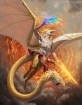 anthro blonde_hair blue_eyes clothed clothing explosion front_view fur furred_wings hair horn long_hair magic_user male membrane_(anatomy) membranous_wings navel nipples open_mouth sharp_teeth solo tail tail_mouth teeth topless unusual_anatomy unusual_tail white_body white_fur white_horn white_wings wings yellow_body yellow_fur himeragoldtail mythology dragon furred_dragon furred_scalie mythological_creature mythological_scalie scalie hi_res