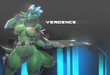 abs abstract_background anthro areola belt big_areola big_breasts blue_body blue_eyes blue_scales breasts butt butt_from_the_front camo cape clothed clothing countershading crossgender explosives female fingerless_gloves gloves glowing glowing_eyes green_body green_scales green_skin grenade gun handwear legband looking_at_viewer muscular muscular_female navel nipples non-mammal_breasts panties ranged_weapon scales scarf skimpy small_waist smile solo spikes tail teeth text thick_tail thick_thighs topless underwear weapon wide_hips skygracer vergence vergette dinosaur dromaeosaurid prehistoric_species reptile scalie theropod velociraptor 2016 cool_colors hi_res