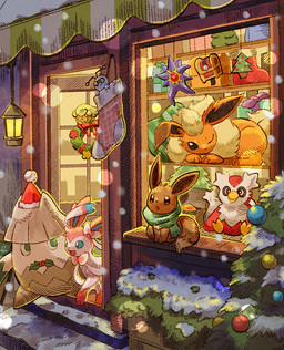 ambiguous_gender christmas_clothing christmas_headwear christmas_tree clothing dipstick_tail door feral group hat headgear headwear holidays markings one_eye_closed open_mouth open_smile plant quadruped santa_hat smile snow snowing tail tail_markings tree koike_09 christmas nintendo pokemon comfey eevee eeveelution flareon generation_1_pokemon generation_4_pokemon generation_6_pokemon generation_7_pokemon generation_9_pokemon gimmighoul gimmighoul_(roaming_form) pokemon_(species) snover sylveon 2025 hi_res