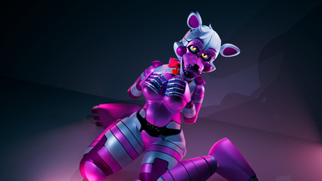 3_toes 5_fingers anthro big_breasts bow_tie breasts covering covering_breasts dutch_angle feet female fingers glistening glistening_body glowing glowing_eyes hair hand_on_own_breast kneeling looking_at_viewer machine pink_body red_bow_tie sharp_teeth short_hair solo tail teeth thick_thighs toes white_body white_hair wide_hips yellow_eyes atherenders spacebaron_(modeler) five_nights_at_freddy's scottgames sister_location funtime_foxy_(fnaf) animatronic canid canine fox mammal robot robot_anthro 16:9 3d_(artwork) digital_media_(artwork) hi_res widescreen