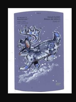 ambiguous_gender antlers black_border black_eyes border feral fur fur_markings grey_body grey_fur hopping horn markings markings_on_body paint_sample_card purple_body purple_fur snow solo text heather_bruton jackalope lagomorph mammal 2026 acrylic_painting_(artwork) colored_pencil_(artwork) english_text painting_(artwork) traditional_media_(artwork) traditional_painting_(artwork)