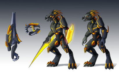 3_fingers 3_toes anthro armor beak digitigrade energy_blade energy_shield energy_sword energy_weapon eye_scar facial_scar feather_hair feathered_crest feathers feet fingers head_crest holding_melee_weapon holding_object holding_weapon male melee_weapon needle_rifle plasma_pistol pseudo_hair pupils red_sclera scar slit_pupils solo sword toes weapon yellow_eyes lady_ahiru halo_(series) microsoft xbox_game_studios alien avian kig-yar scalie t'vaoan colored hi_res