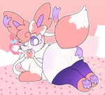 ambiguous_gender bed bedroom blep blush clothing feral fluffy fluffy_tail freckled_legs freckled_thighs freckles furniture glittering_paws legwear looking_at_paws lying lying_on_bed on_bed pawpads paws pillow plushie purple_pawpads showing_paws solo sparkles tail thigh_blush thigh_highs tongue tongue_out luvbunny nintendo pokemon fluffy_(luvbunny) eeveelution generation_6_pokemon pokemon_(species) sylveon hi_res