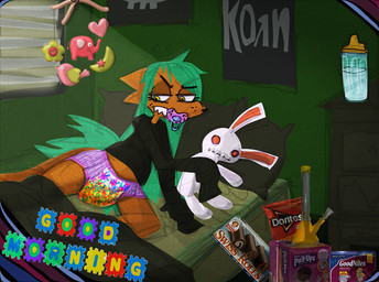 age_regression ageplay annoyed anthro baby_bottle bed blue_hair bodily_fluids bong clothed clothing diaper dress drugs eyelashes food footwear freckles fur furniture genital_fluids green_hair hair infantilism inside legwear milk nocturnal_enuresis object_in_mouth orange_body orange_fur pacifier pacifier_in_mouth peeing pillow plushie pull-ups_(diaper) roleplay sharp_teeth snack socks teeth topwear unclean_diaper urine used_diaper wearing_diaper wet wet_diaper wetting yellow_eyes cate_wurtz doritos frito-lay goodnites korn lamezone lenore_(lamezone) unknown_species 2018