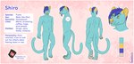 accessory anthro athletic athletic_anthro athletic_male blue_hair border butt claws crotch_tuft digitigrade eyebrow_through_hair eyebrows featureless_crotch fur hair male nude pawpads smile solo teal_body teal_fur text toe_claws translucent translucent_hair tuft white_border yellow_eyes yellow_nose gaikotsu euplerid fossa mammal 2024 english_text hi_res model_sheet signature