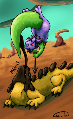 backflip duo feral jumping melee_weapon polearm purple_body red_eyes spear timelapse_at_source tongue tongue_out weapon yellow_body gyrotech rain_world videocult lizard_(rain_world) slugcat hi_res