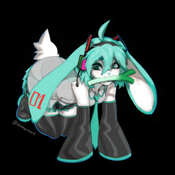 accessory ahoge anthro armwear black_background blue_eyes blue_hair bottomwear clothing detached_sleeves electronics female food fur hair headgear headphones headset long_ears necktie plant scallion shirt simple_background skirt solo tail topwear twintails_(hairstyle) vegetable white_body white_fur doomershark vocaloid yamaha_corporation hatsune_miku lagomorph leporid mammal rabbit hi_res