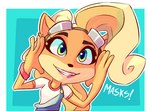 anthro blonde_hair clothing eyewear eyewear_on_head female goggles goggles_on_head green_eyes hair lipstick looking_at_viewer makeup overalls simple_background smile solo text alex-toons activision crash_bandicoot_(series) coco_bandicoot bandicoot mammal marsupial 2020 english_text