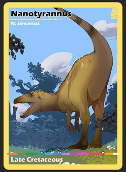 ambiguous_feral ambiguous_gender biped bipedal_feral black_text blue_sky brown_body brown_tail cloud day feathers feet feral fingers grass leaning leaning_forward open_mouth outside pink_tongue plant pupils raised_tail sharp_teeth sky snout solo standing tail teeth text toes tongue tree white_text yellow_eyes yellow_teeth yellow_text combos-n-doodles dinosaur feathered_dinosaur feathered_scalie nanotyrannus prehistoric_species reptile saurischian scalie theropod tyrannosauroid 2026 absurd_res english_text hi_res shaded